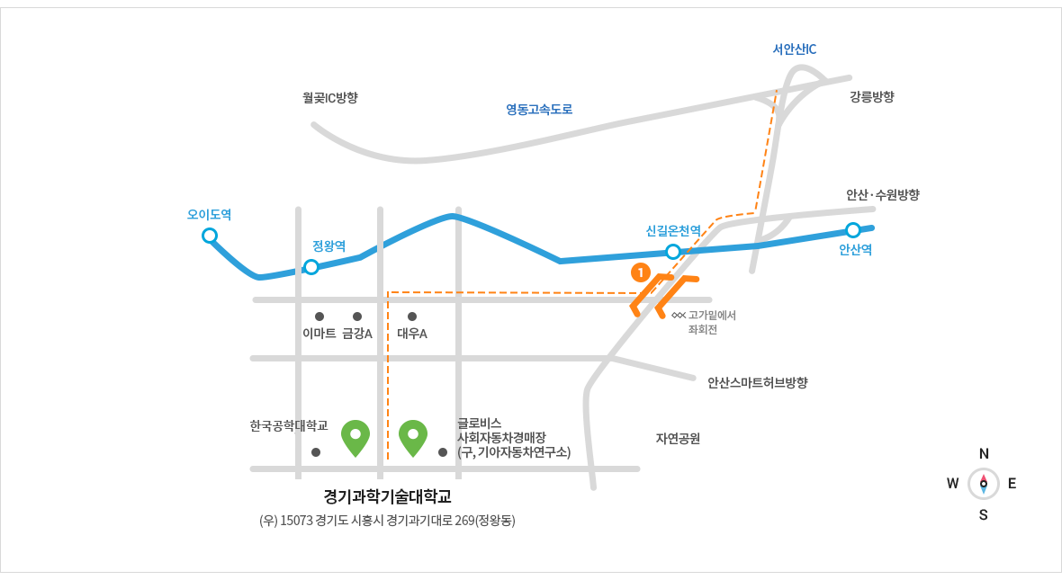 (지도 이미지 오른쪽에서 왼쪽 순으로) 강릉방향 안산·수원방향 안산역 서안산IC 안산스마트허브방향 자연공원 신길온천역 고가밑에서 좌회전 영동고속도로 글로비스사회자동차경매장(구,기아자동차연구소) 대우A 금강 A 월곶IC방향 정왕역 이마트 산업기술대 오이도역 경기과학기술대학교 (우) 15073 경기도 시흥시 경기과기대로 269 (정왕동)