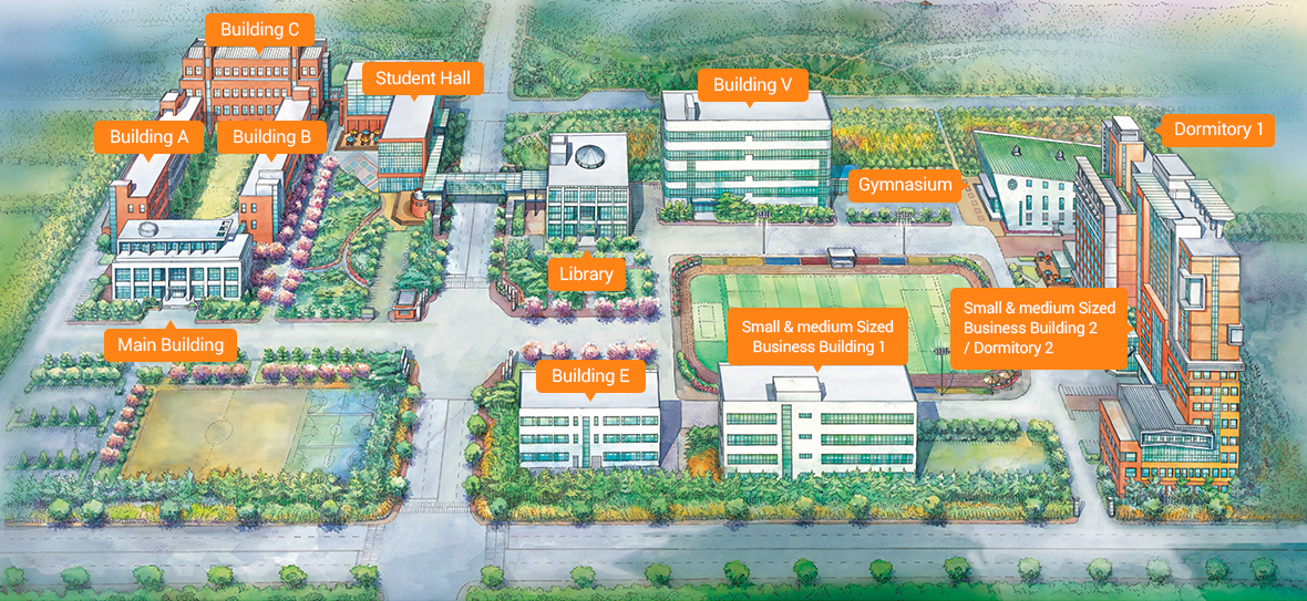 Building A, Building B, Building C, Student Hall, Main Building, Library, Building E, Building V, Small & medium Sized Business Building 1, Gymnasium, Small & medium Sized Business Building 2 / Dormitory 2, Dormitory 1